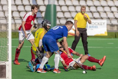 Zagreb, Hırvatistan - 30 Haziran 2018: Hırvatistan 'da Hokey Serisi açıldı. Avusturya ile Slovakya arasında maç (15-1). Saha Hokeyi oyuncuları iş başında