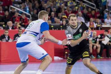 Zagreb, Hırvatistan - 15 Ocak 2018: Avrupa Erkekler Hentbol Şampiyonası, Ehf Euro 2018 ana tur Slovenya-Almanya maçı 25: 25. Eylemde Julius Kuhn (35)