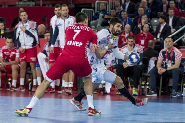 Zagreb, Hırvatistan - 24 Ocak 2018: Avrupa Erkekler Hentbol Şampiyonası, Ehf Euro 2018 ana turu Hırvatistan-Fransa maçı 27: 30. Eylemde Nikola Karabatik (13)