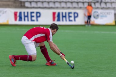 Zagreb, Hırvatistan - 26 Haziran 2018: Hırvatistan 2018 'de Hokey Serisi açıldı. Avusturya ile Galler arasında maç (3-0). Saha Hokeyi oyuncuları iş başında