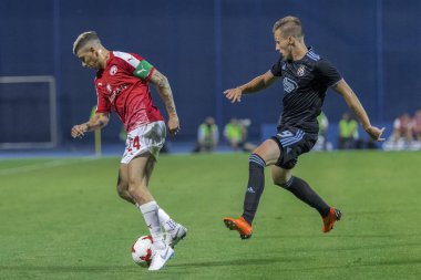 ZAGREB, CROATIA - JULY 24, 2018: UEFA Champions League match between GNK Dinamo Zagreb and Hapoel Beer-Sheva FC (5-0). In action Maor MELIKSON (24) and Mislav ORSIC (99)
