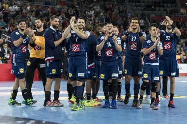 Zagreb, Hırvatistan - 28 Ocak 2018: Avrupa Erkekler Hentbol Şampiyonası, Ehf Euro 2018 Fransa - Danimarka 32: 29. Fransız oyuncular zaferi kutluyor