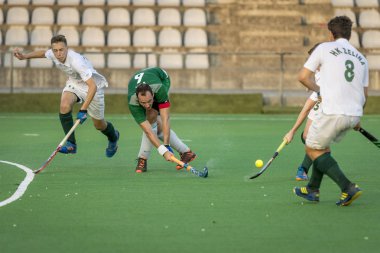 Zagreb, Hırvatistan - 10 Haziran 2018: Hk Zelina ile Hk Tresnjevka arasındaki Hırvat Saha Hokeyi finalleri. Saha Hokeyi oyuncuları iş başında