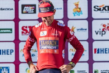 ZAGREB, CROATIA - APRIL 22, 2018: Bicycle race Tour of Croatia 2018. The winner of Tour of Croatia Kanstantsin Siutsou from Bahrain-Merida Pro Cycling Team 