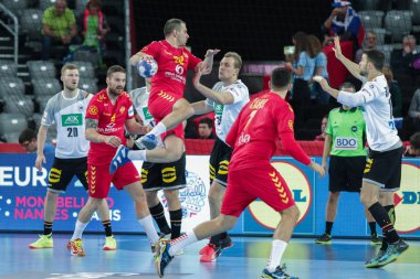 Zagreb, Hırvatistan - 13 Ocak 2018: Avrupa Erkekler Hentbol Şampiyonası, Ehf Euro 2018 C Grubu Almanya - Karadağ 32: 19. Eylem Bozo Andjelic (32) 