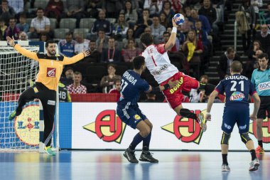 Zagreb, Hırvatistan - 28 Ocak 2018: Avrupa Erkekler Hentbol Şampiyonası, Ehf Euro 2018 Fransa - Danimarka 32: 29. Eylemde Landin Jacobsen Niklas (1)