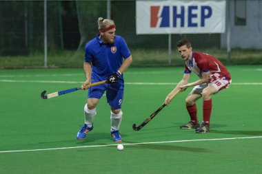 Zagreb, Hırvatistan - 29 Haziran 2018: Hırvatistan 2018 'de Hokey Serisi açıldı. Hırvatistan ile Slovakya arasında maç (6-1). Aktivoda saha hokeyi oyuncuları