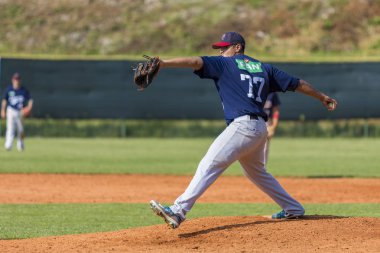 Karlovac, Hırvatistan - 26 Mayıs 2018: Euro Interleague Baseball maçı Beyzbol Kulübü Zagreb ile Bk Olimpija 83. Sürahi iş başında