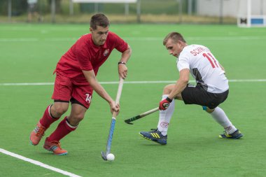 Zagreb, Hırvatistan - 26 Haziran 2018: Hırvatistan 2018 'de Hokey Serisi açıldı. Slovakya ile İsviçre arasında maç (1-2). Saha Hokeyi oyuncuları iş başında