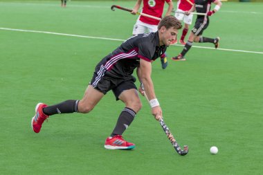 Zagreb, Hırvatistan - 26 Haziran 2018: Hırvatistan 2018 'de Hokey Serisi açıldı. Avusturya ile Galler arasında maç (3-0). Saha Hokeyi oyuncuları iş başında