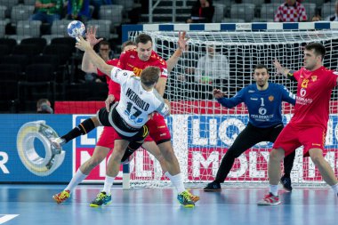 Zagreb, Hırvatistan - 13 Ocak 2018: Avrupa Erkekler Hentbol Şampiyonası, Ehf Euro 2018 C Grubu Almanya - Karadağ 32: 19. Eylemde Steffen Weinhold (17) 