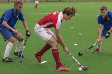 Zagreb, Hırvatistan - 30 Haziran 2018: Hırvatistan 'da Hokey Serisi açıldı. Avusturya ile Slovakya arasında maç (15-1). Saha Hokeyi oyuncuları iş başında
