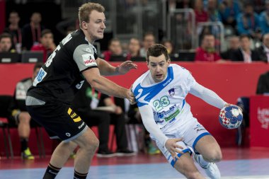 Zagreb, Hırvatistan - 15 Ocak 2018: Avrupa Erkekler Hentbol Şampiyonası, Ehf Euro 2018 ana tur Slovenya-Almanya maçı 25: 25. Hareket halindeki Miha Zarabec (23)