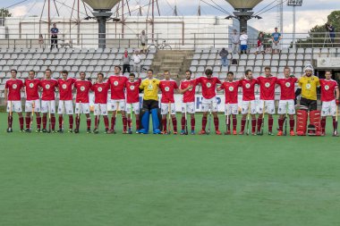 Zagreb, Hırvatistan - 26 Haziran 2018: Hırvatistan 2018 'de Hokey Serisi açıldı. Avusturya ile Galler arasında maç (3-0). Saha Hokeyi oyuncuları takımları