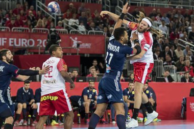 Zagreb, Hırvatistan - 28 Ocak 2018: Avrupa Erkekler Hentbol Şampiyonası, Ehf Euro 2018 Fransa - Danimarka 32: 29. Etkinlikte Hansen Mikkel (24)