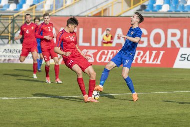 Velika Gorica, Hırvatistan - 27 Mart 2018: Avrupa 21 Yaş Altı Şampiyonası Ön Eleme Turu. Hırvatistan ile Moldova arasında oynanan karşılaşma 4-0. Eylem Marin Jakolis (9) amd Artur Craciun (14))