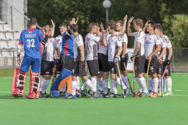Zagreb, Hırvatistan - 26 Haziran 2018: Hırvatistan 2018 'de Hokey Serisi açıldı. Slovakya ile İsviçre arasında maç (1-2). Saha Hokeyi oyuncuları iş başında