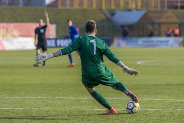 Velika Gorica, Hırvatistan - 27 Mart 2018: Avrupa 21 Yaş Altı Şampiyonası Ön Eleme Turu. Hırvatistan ile Moldova arasında oynanan karşılaşma 4-0. Eylem Nicolai Cebotari (1)