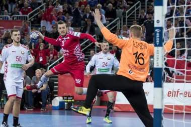 Zagreb, Hırvatistan - 18 Ocak 2018: Avrupa Erkekler Hentbol Şampiyonası, Ehf Euro 2018 ana tur Hırvatistan - Belarus 25: 23. Hareket halinde Manuel Strlek (26)