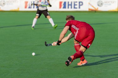 Zagreb, Hırvatistan - 28 Haziran 2018: Hırvatistan 2018 'de Hokey Serisi açıldı. İsviçre ve Galler arasında maç (1-7). Aktivoda saha hokeyi oyuncuları