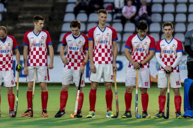 Zagreb, Hırvatistan - 29 Haziran 2018: Hırvatistan 2018 'de Hokey Serisi açıldı. Maç İsviçre ile Avusturya arasında (0-8). Saha Hokeyi oyuncuları sıralaması