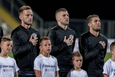 Rijeka, Hırvatistan - 12 Ekim 2018: Uefa Uluslar Ligi maçı Hırvatistan - İngiltere. Hırvat futbolcular kadroda 