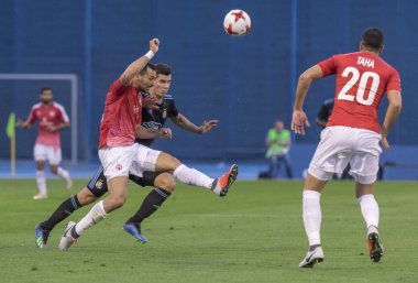 ZAGREB, CROATIA - JULY 24, 2018: UEFA Champions League match between GNK Dinamo Zagreb and Hapoel Beer-Sheva FC (5-0). Players in duel