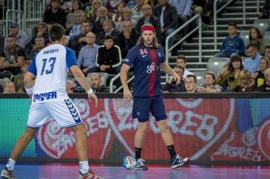 Zagreb, Hırvatistan - 29 Eylül 2018: Ehf man 's Championship League. PD Zagreb, Paris Saint-Germain 'e karşı. Etkinlikte Hansen Mikkel (24)
