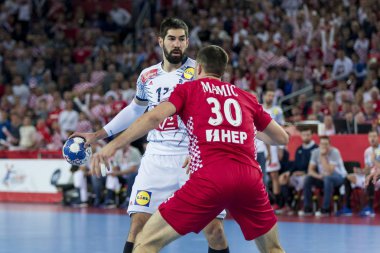 Zagreb, Hırvatistan - 24 Ocak 2018: Avrupa Erkekler Hentbol Şampiyonası, Ehf Euro 2018 ana turu Hırvatistan-Fransa maçı 27: 30. Eylemde Nikola Karabatik (13)