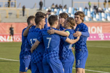 Velika Gorica, Hırvatistan - 27 Mart 2018: Avrupa 21 Yaş Altı Şampiyonası Ön Eleme Turu. Hırvatistan ile Moldova arasında oynanan karşılaşma 4-0. Golü kutlayan oyuncular