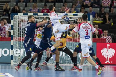 Zagreb, Hırvatistan - 17 Ocak 2018: Avrupa Erkekler Hentbol Şampiyonası, Ehf Euro 2018 Yarı final Fransa-İspanya maçı 23: 27. Eylemde Iosu Goni Leoz (31)