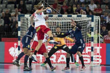 Zagreb, Hırvatistan - 28 Ocak 2018: Avrupa Erkekler Hentbol Şampiyonası, Ehf Euro 2018 Fransa - Danimarka 32: 29. Etkinlikte Hansen Mikkel (24)