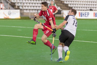 Zagreb, Hırvatistan - 29 Haziran 2018: Hırvatistan 2018 'de Hokey Serisi açıldı. Maç İsviçre ile Avusturya arasında (0-8). Aktivoda saha hokeyi oyuncuları