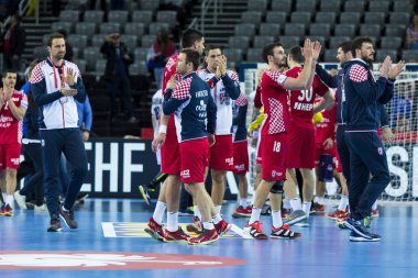 Zagreb, Hırvatistan - 17 Ocak 2018: Avrupa Erkekler Hentbol Şampiyonası, Ehf Euro 2018 ana tur karşılaşması Hırvatistan - Çek Cumhuriyeti 28: 27. Hırvat oyuncular zaferi kutluyor