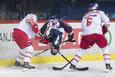 Zagreb, Hırvatistan - 10 Şubat 2018: Medvescak Zagreb ile Red Bull Salzburg arasında Ebel buz hokeyi ligi maçı. Mike Aviani (93) düşüyor