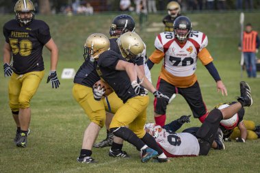 Zagreb, Hırvatistan - 07 Ekim 2018: Hırvat futbol ligi, Zagreb Patriots ve Saraybosna Spartalılar arasındaki ilk tur maç (30: 6). Futbolcular iş başında