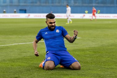 Zagreb, Hırvatistan - Nisan 04, 2018: Gnk Dinamo ile Hnk Rijeka arasındaki Hırvatistan Birinci Futbol Ligi maçı. Hilal Soudani (2) kutlama golü