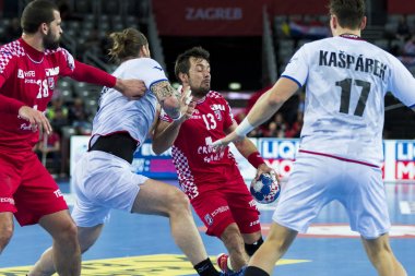 Zagreb, Hırvatistan - 17 Ocak 2018: Avrupa Erkekler Hentbol Şampiyonası, Ehf Euro 2018 ana tur karşılaşması Hırvatistan - Çek Cumhuriyeti 28: 27. Eylemde Zlatko Horvat (13)