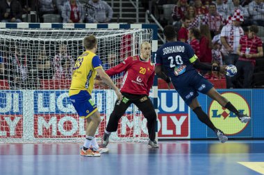 Zagreb, Hırvatistan - 20 Ocak 2018: Avrupa Erkekler Hentbol Şampiyonası, Ehf Euro 2018 ana tur İsveç-Fransa maçı 17: 23. Eylemde Cedric Sorhaindo (20)