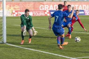 Velika Gorica, Hırvatistan - 27 Mart 2018: Avrupa 21 Yaş Altı Şampiyonası Ön Eleme Turu. Hırvatistan ile Moldova arasında oynanan karşılaşma 4-0. Eylem Josip Brekalo (7)