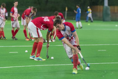 Zagreb, Hırvatistan - 29 Haziran 2018: Hırvatistan 2018 'de Hokey Serisi açıldı. Hırvatistan ile Slovakya arasında maç (6-1). Aktivoda saha hokeyi oyuncuları