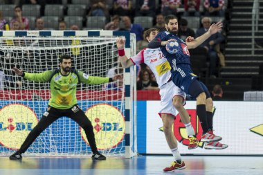 Zagreb, Hırvatistan - 17 Ocak 2018: Avrupa Erkekler Hentbol Şampiyonası, Ehf Euro 2018 Yarı final Fransa-İspanya maçı 23: 27. Eylemde Nikola Karabatik (13)