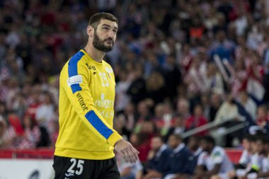 Zagreb, Hırvatistan - 24 Ocak 2018: Avrupa Erkekler Hentbol Şampiyonası, Ehf Euro 2018 ana turu Hırvatistan-Fransa maçı 27: 30. Mirko Aliloviç (25)