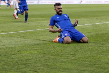 Zagreb, Hırvatistan - Nisan 04, 2018: Gnk Dinamo ile Hnk Rijeka arasındaki Hırvatistan Birinci Futbol Ligi maçı. Hilal Soudani (2) kutlama golü