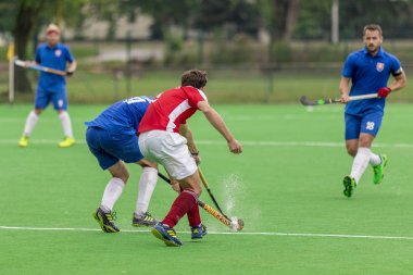 Zagreb, Hırvatistan - 30 Haziran 2018: Hırvatistan 'da Hokey Serisi açıldı. Avusturya ile Slovakya arasında maç (15-1). Saha Hokeyi oyuncuları iş başında