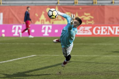 Velika Gorica, Hırvatistan - 27 Mart 2018: Avrupa 21 Yaş Altı Şampiyonası Ön Eleme Turu. Hırvatistan ile Moldova arasında oynanan karşılaşma 4-0. Eylem Josip Posavec (12)