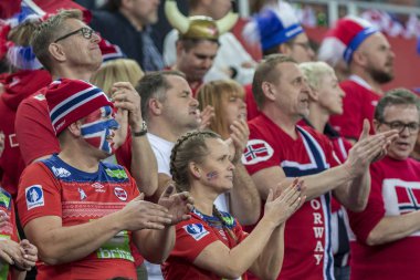 Zagreb, Hırvatistan - 18 Ocak 2018: Avrupa Erkekler Hentbol Şampiyonası, Ehf Euro 2018 ana turu Sırbistan - Norveç maçı 27: 32. Norveç taraftarları tribünde
