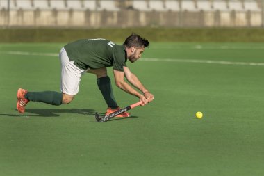 Zagreb, Hırvatistan - 02 Haziran 2018: Hk Zelina ile Hahk Mladost arasında Hırvatistan Saha Hokeyi Şampiyonası. Saha Hokeyi oyuncuları iş başında