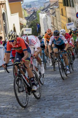 ZAGREB, CROATIA - APRIL 22, 2018: Bicycle race Tour of Croatia 2018. Cyclists driving the last stage in city of Zagreb