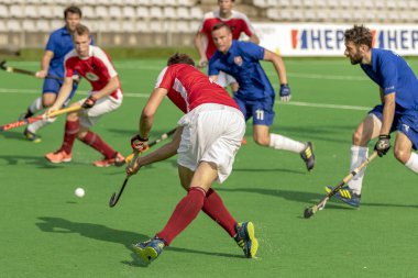 Zagreb, Hırvatistan - 30 Haziran 2018: Hırvatistan 'da Hokey Serisi açıldı. Avusturya ile Slovakya arasında maç (15-1). Saha Hokeyi oyuncuları iş başında
